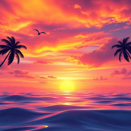 A dynamic and colorful animation showcasing a beautiful sunset over a tranquil ocean