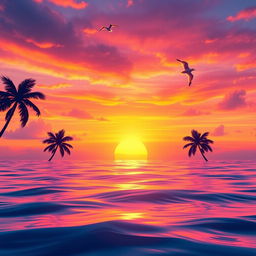 A dynamic and colorful animation showcasing a beautiful sunset over a tranquil ocean