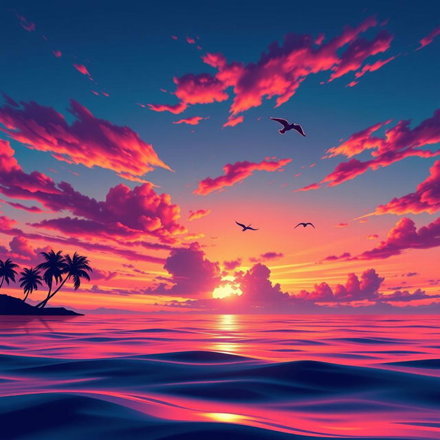 A dynamic and colorful animation showcasing a beautiful sunset over a tranquil ocean