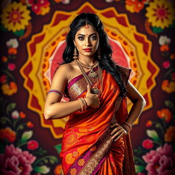 A striking and confident Hindu woman, dressed in a vibrant saree with intricate patterns, adorned with traditional jewelry including bangles, earrings, and a beautiful bindi on her forehead