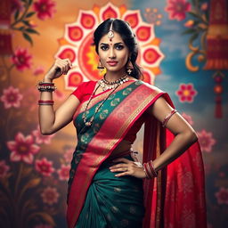 A striking and confident Hindu woman, dressed in a vibrant saree with intricate patterns, adorned with traditional jewelry including bangles, earrings, and a beautiful bindi on her forehead