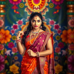 A striking and confident Hindu woman, dressed in a vibrant saree with intricate patterns, adorned with traditional jewelry including bangles, earrings, and a beautiful bindi on her forehead