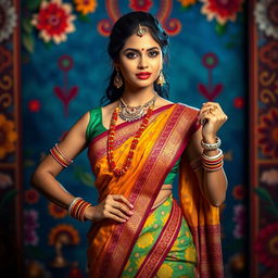 A striking and confident Hindu woman, dressed in a vibrant saree with intricate patterns, adorned with traditional jewelry including bangles, earrings, and a beautiful bindi on her forehead