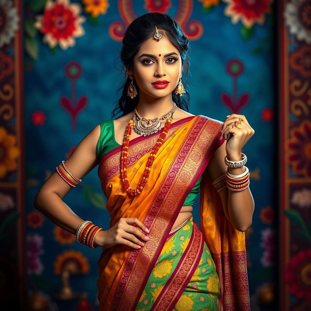 A striking and confident Hindu woman, dressed in a vibrant saree with intricate patterns, adorned with traditional jewelry including bangles, earrings, and a beautiful bindi on her forehead