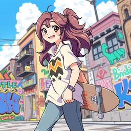 A fashionable female character with a confident stance, wearing trendy streetwear