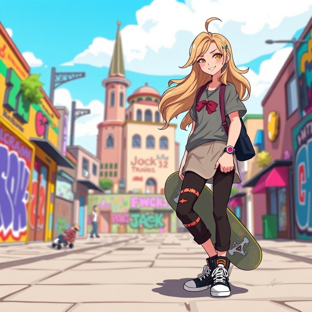 A fashionable female character with a confident stance, wearing trendy streetwear