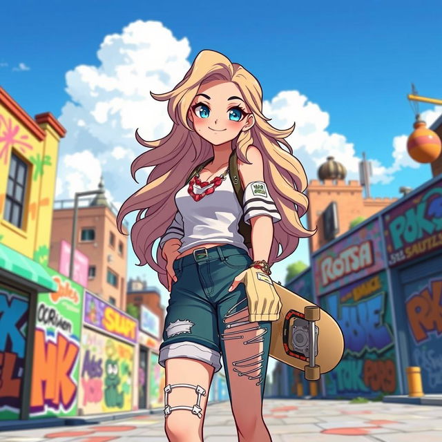 A fashionable female character with a confident stance, wearing trendy streetwear