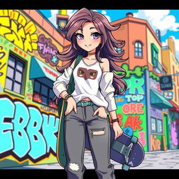 A fashionable female character with a confident stance, wearing trendy streetwear