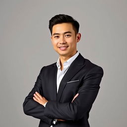 A formal portrait of a stylish individual dressed in a sharp suit, standing confidently with arms crossed, in front of a neutral background