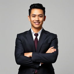 A formal portrait of a stylish individual dressed in a sharp suit, standing confidently with arms crossed, in front of a neutral background