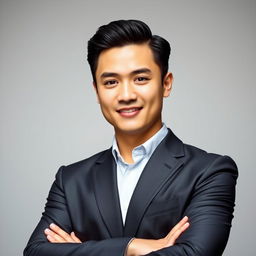 A formal portrait of a stylish individual dressed in a sharp suit, standing confidently with arms crossed, in front of a neutral background