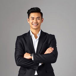 A formal portrait of a stylish individual dressed in a sharp suit, standing confidently with arms crossed, in front of a neutral background