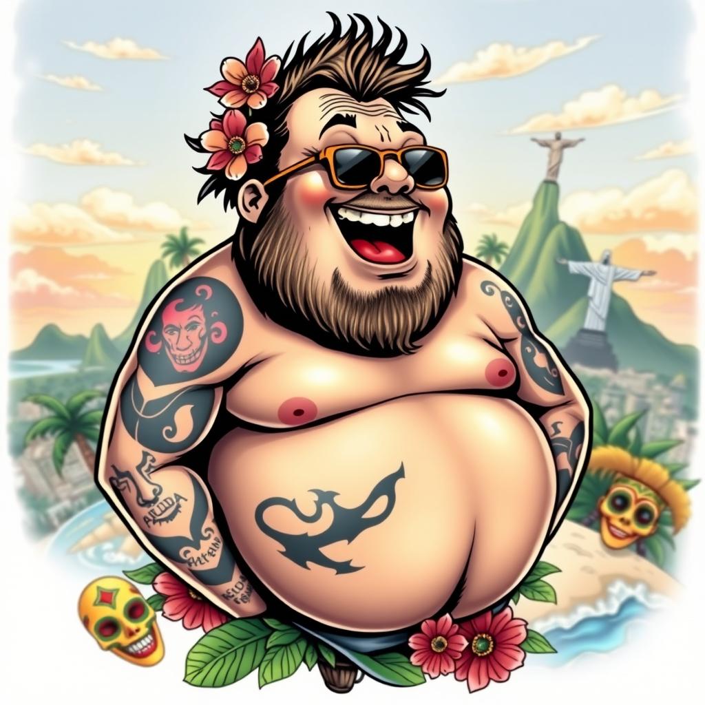 A bold and striking tattoo design featuring a fat man laughing joyfully, surrounded by vibrant elements that represent Rio de Janeiro, such as iconic beaches, palm trees, and colorful carnival masks