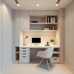 A sophisticated, minimalist, and highly functional desk designed for a small bedroom space of 1