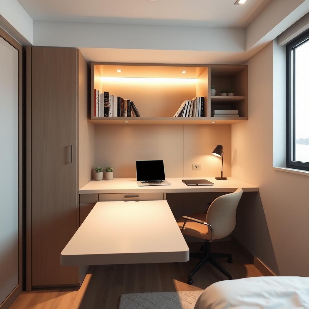 A sophisticated, minimalist, and highly functional desk designed for a small bedroom space of 1