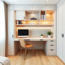 A sophisticated, minimalist, and highly functional desk designed for a small bedroom space of 1