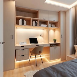 A sophisticated, minimalist, and highly functional desk designed for a small bedroom space of 1
