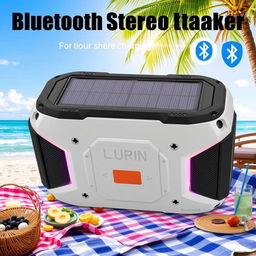 A portable Bluetooth stereo speaker with solar charging, designed for outdoor use