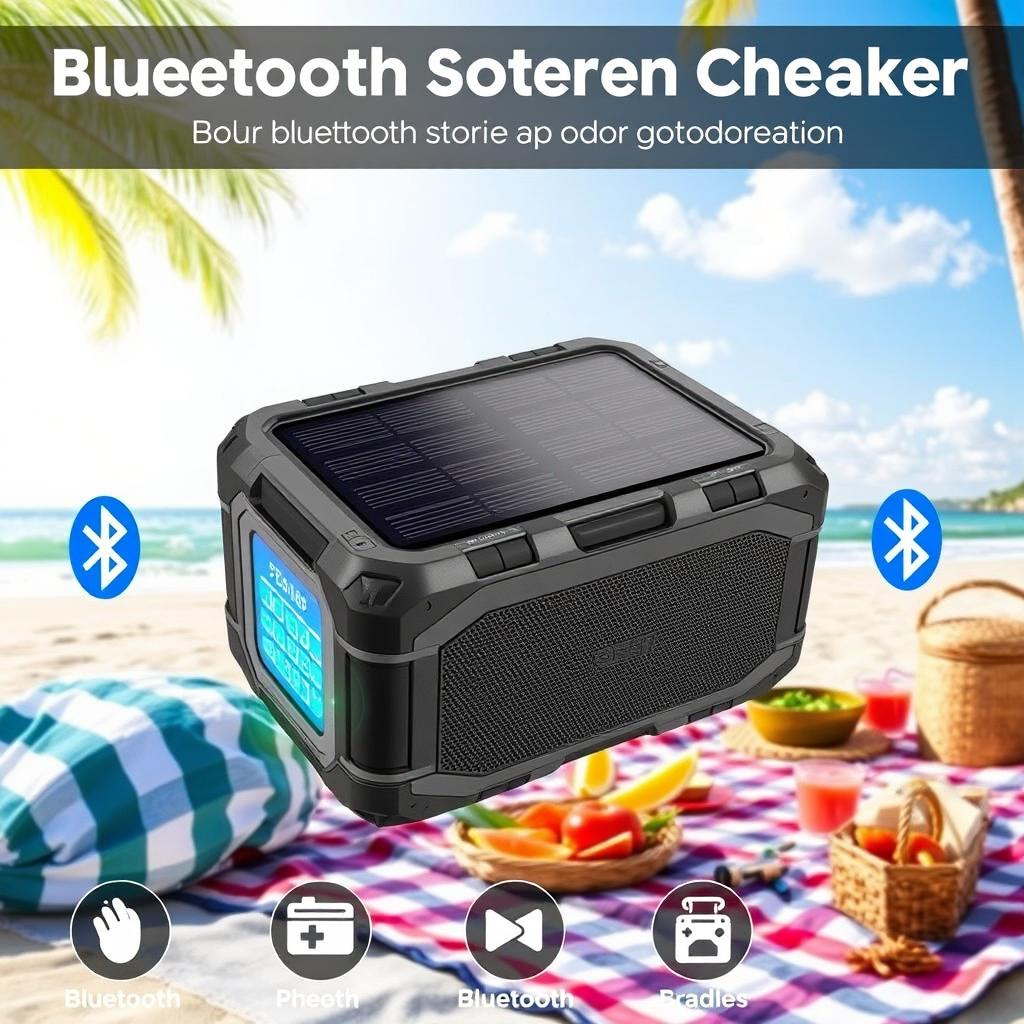 A portable Bluetooth stereo speaker with solar charging, designed for outdoor use