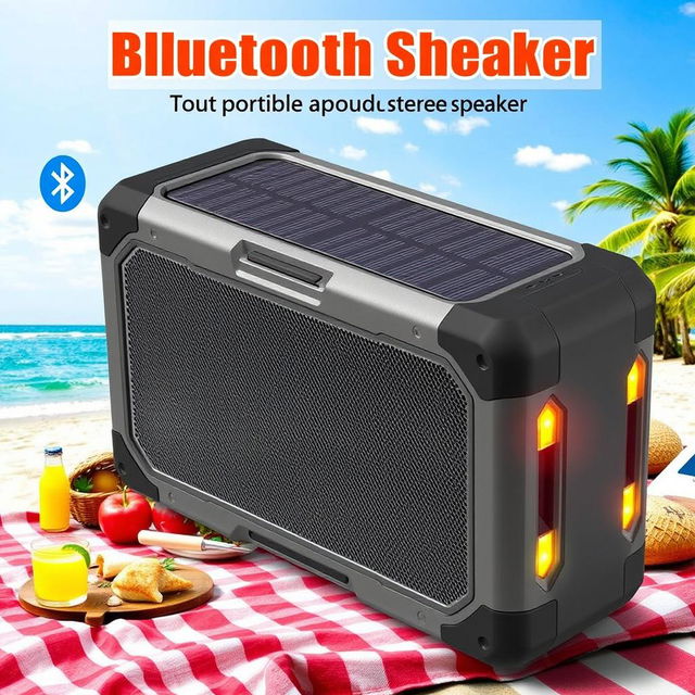 A portable Bluetooth stereo speaker with solar charging, designed for outdoor use