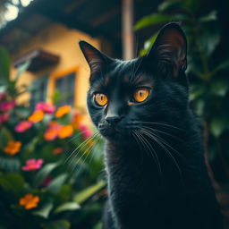 A black cat with bright yellow eyes looking sad in a Brazilian setting, featuring vibrant tropical foliage in the background