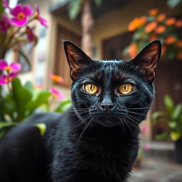 A black cat with bright yellow eyes looking sad in a Brazilian setting, featuring vibrant tropical foliage in the background