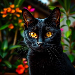 A black cat with bright yellow eyes looking sad in a Brazilian setting, featuring vibrant tropical foliage in the background