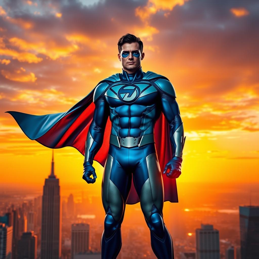 A powerful superhero standing atop a skyscraper at sunset, wearing a sleek blue and silver suit adorned with a striking emblem on the chest