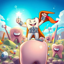 A dramatic superhero scene featuring 'Diente Guerrero' (Warrior Tooth), a muscular anthropomorphic tooth character in a vibrant, cartoonish style