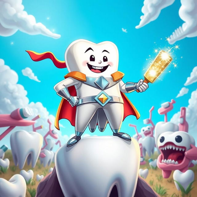 A dramatic superhero scene featuring 'Diente Guerrero' (Warrior Tooth), a muscular anthropomorphic tooth character in a vibrant, cartoonish style