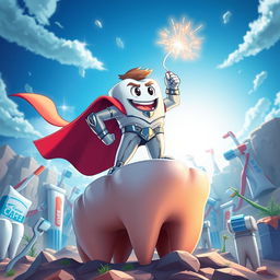 A dramatic superhero scene featuring 'Diente Guerrero' (Warrior Tooth), a muscular anthropomorphic tooth character in a vibrant, cartoonish style