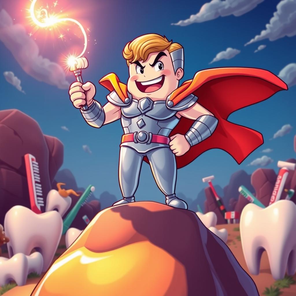 A dramatic superhero scene featuring 'Diente Guerrero' (Warrior Tooth), a muscular anthropomorphic tooth character in a vibrant, cartoonish style
