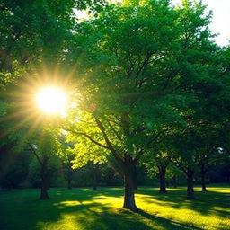 A serene landscape featuring lush green trees, glowing with sunlight