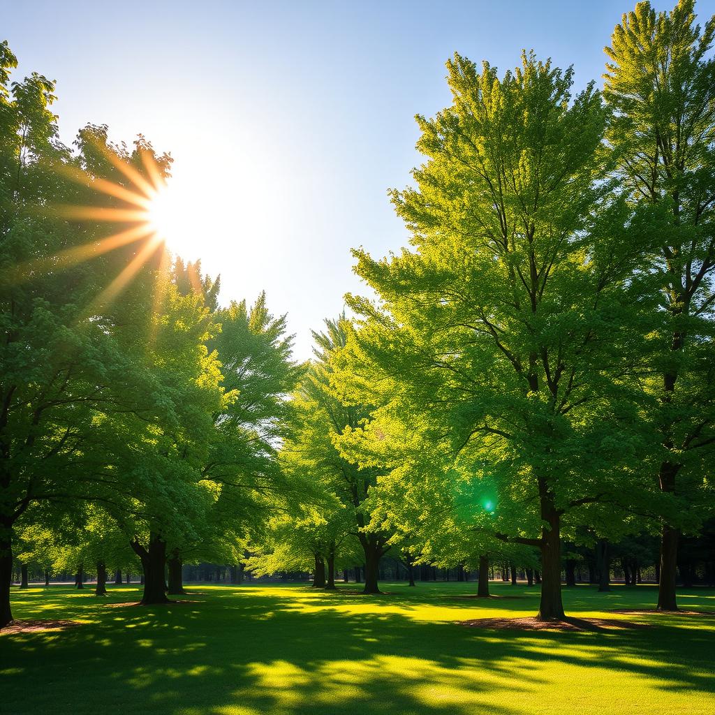 A serene landscape featuring lush green trees, glowing with sunlight