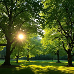 A serene landscape featuring lush green trees, glowing with sunlight
