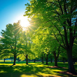 A serene landscape featuring lush green trees, glowing with sunlight