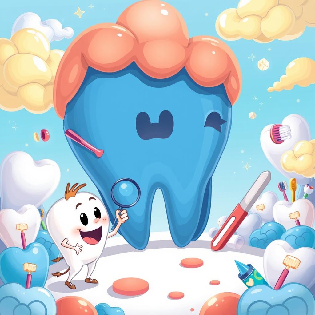 A whimsical scene featuring 'Diente' (Tooth), portrayed as a friendly, anthropomorphic character with a cheerful expression