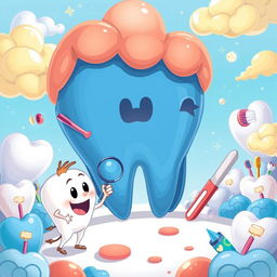 A whimsical scene featuring 'Diente' (Tooth), portrayed as a friendly, anthropomorphic character with a cheerful expression