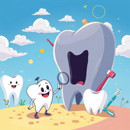 A whimsical scene featuring 'Diente' (Tooth), portrayed as a friendly, anthropomorphic character with a cheerful expression