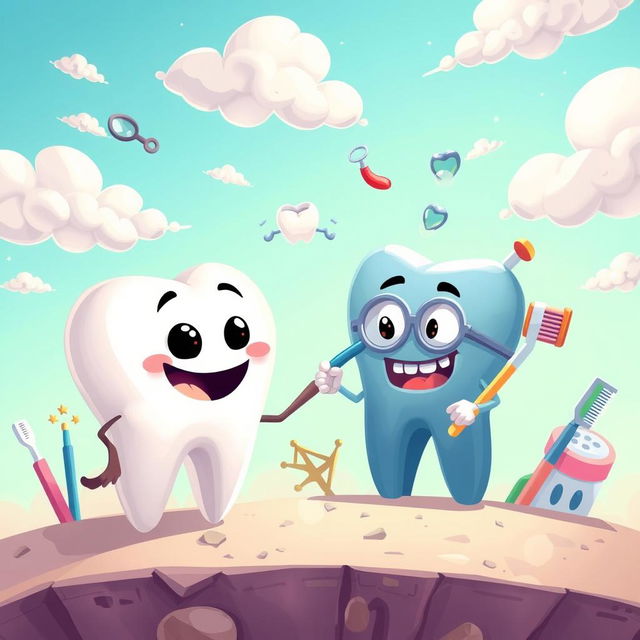 A whimsical scene featuring 'Diente' (Tooth), portrayed as a friendly, anthropomorphic character with a cheerful expression