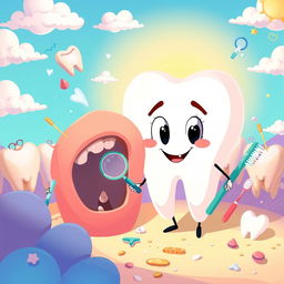 A whimsical scene featuring 'Diente' (Tooth), portrayed as a friendly, anthropomorphic character with a cheerful expression