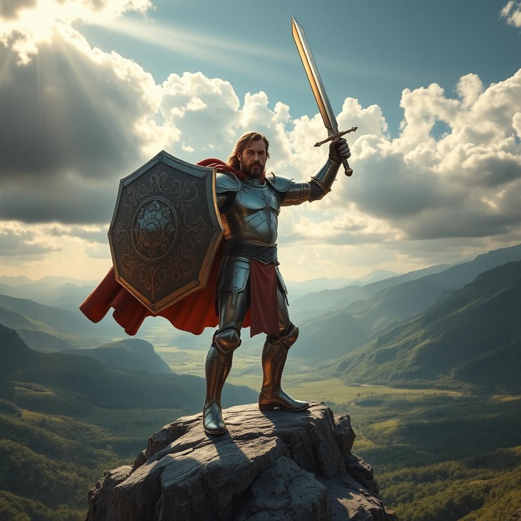 A heroic figure standing confidently on a rocky ledge overlooking a vast valley, gripping a large, ornate shield with intricate designs and a gleaming sword raised in the other hand