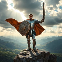 A heroic figure standing confidently on a rocky ledge overlooking a vast valley, gripping a large, ornate shield with intricate designs and a gleaming sword raised in the other hand