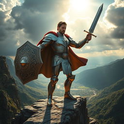 A heroic figure standing confidently on a rocky ledge overlooking a vast valley, gripping a large, ornate shield with intricate designs and a gleaming sword raised in the other hand