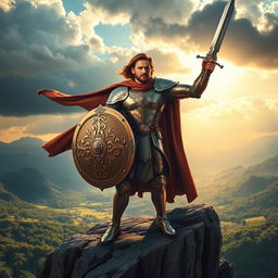A heroic figure standing confidently on a rocky ledge overlooking a vast valley, gripping a large, ornate shield with intricate designs and a gleaming sword raised in the other hand