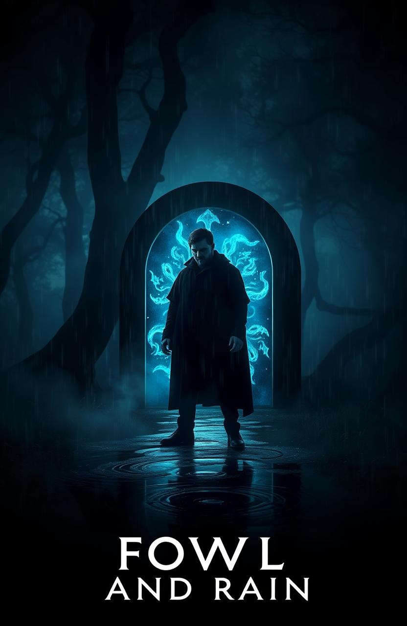 A mysterious scene featuring a man attempting to open a magical portal in a dark, enchanted forest