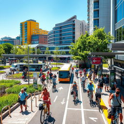 A vibrant and bustling transportation hub scene, showcasing a modern urban environment filled with pedestrians walking and cyclists riding along designated lanes