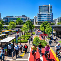 A vibrant and bustling transportation hub scene, showcasing a modern urban environment filled with pedestrians walking and cyclists riding along designated lanes