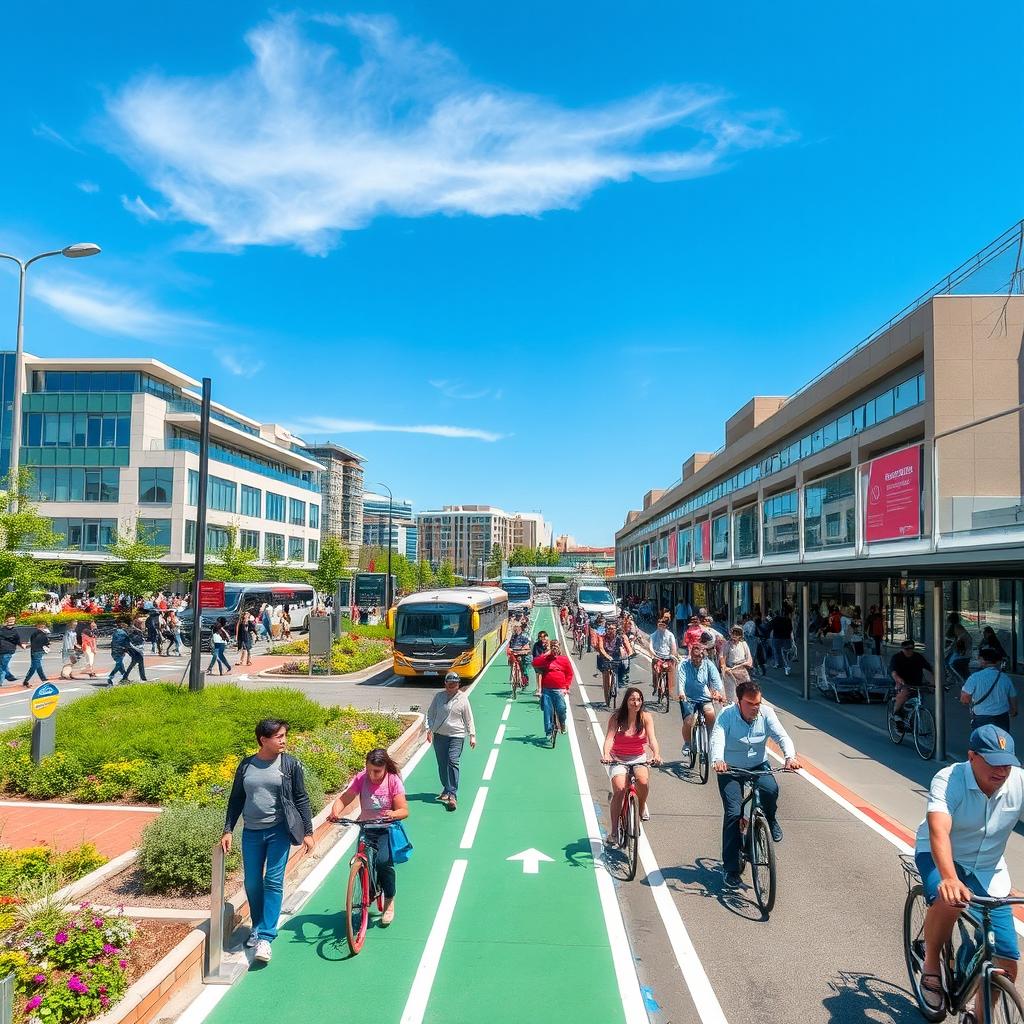 A vibrant and bustling transportation hub scene, showcasing a modern urban environment filled with pedestrians walking and cyclists riding along designated lanes