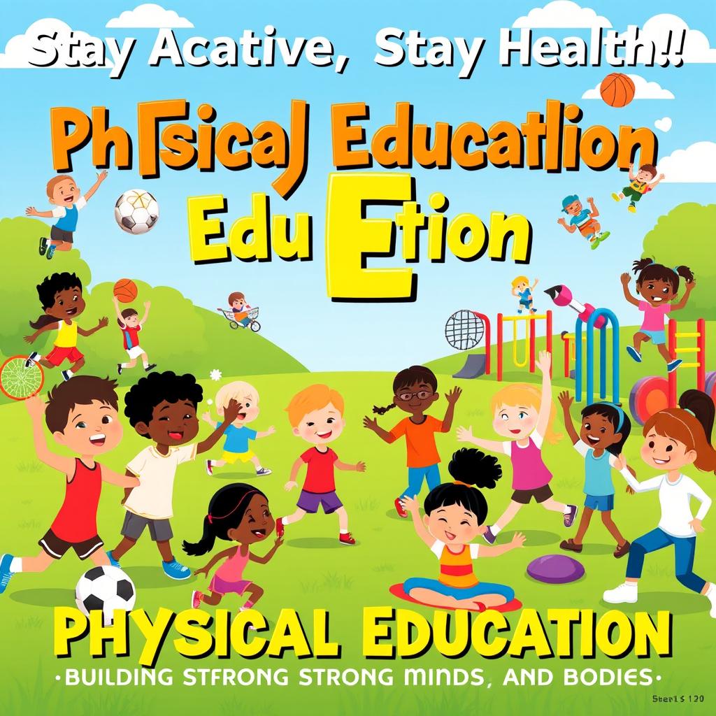 A vibrant and engaging educational poster illustrating the importance of Physical Education (PE)